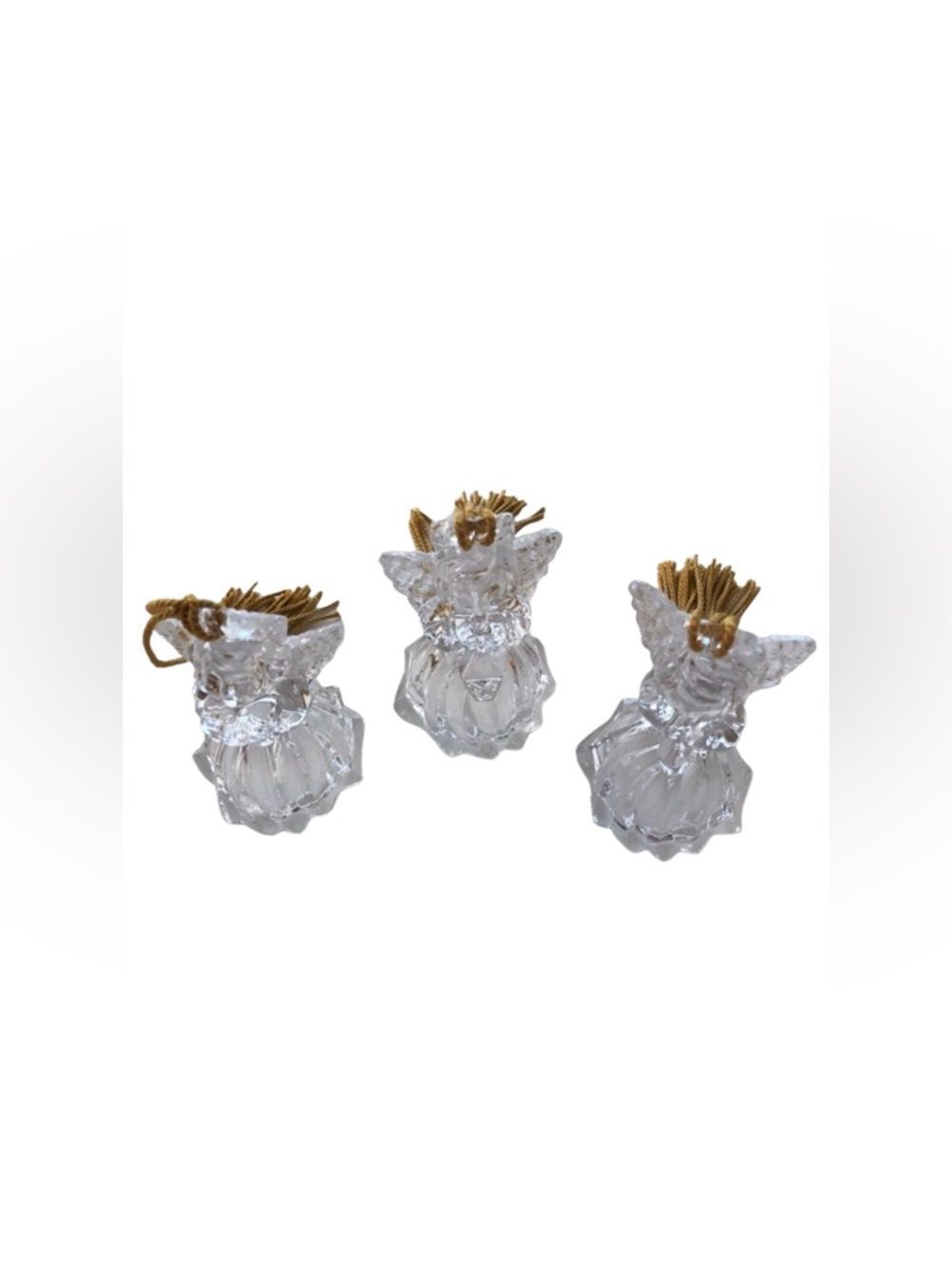 SET 3 VINTAGE GORHAM LEAD CRYSTAL ANGEL ORNAMENTS WITH GOLD TASSELS